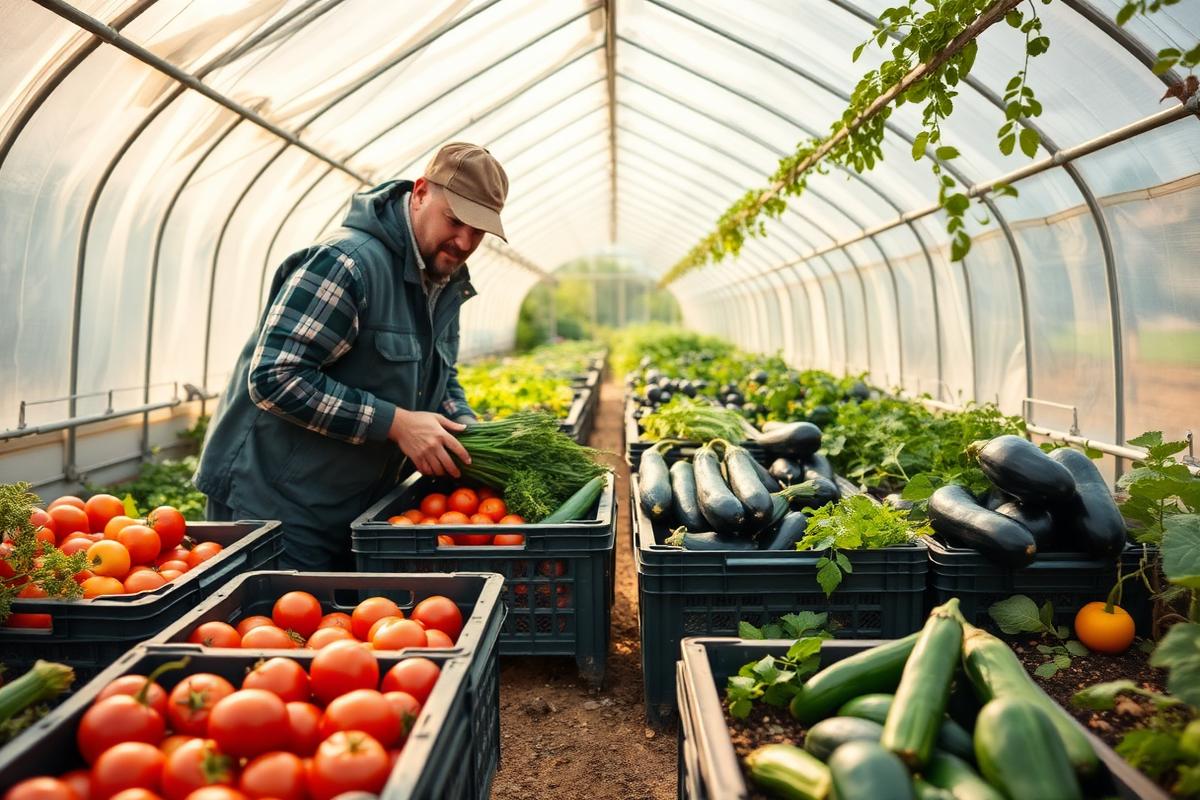 Maraîcher récoltant des légumes sous un tunnel de culture