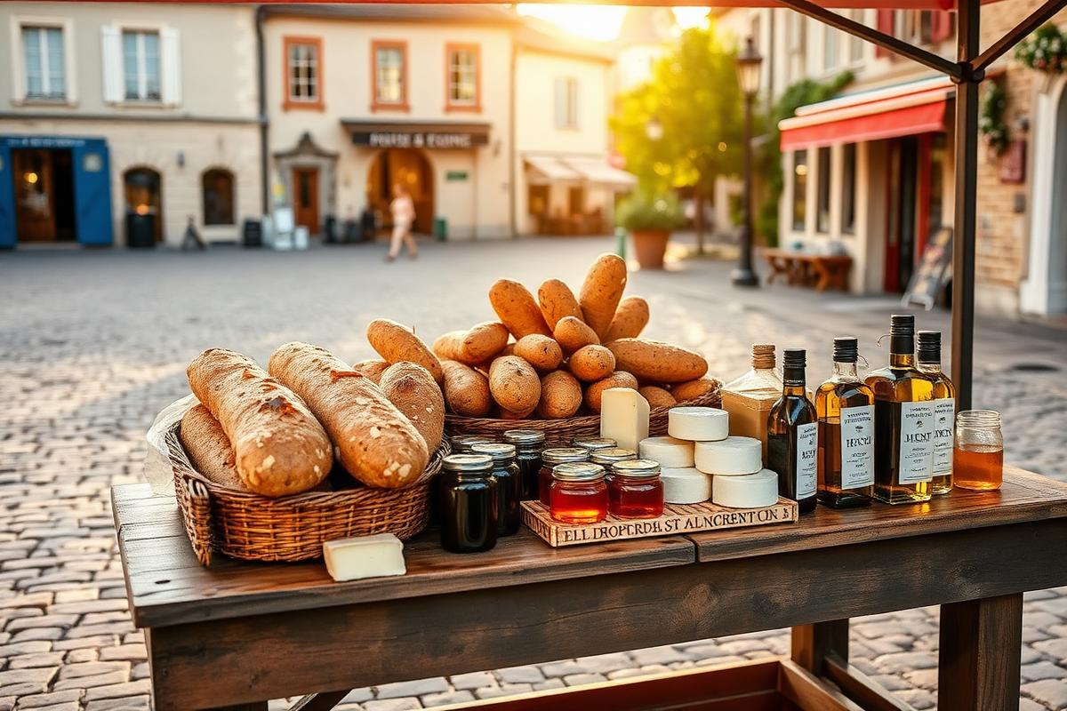 Étal de marché avec pains, fromages, miel et huile d'olive